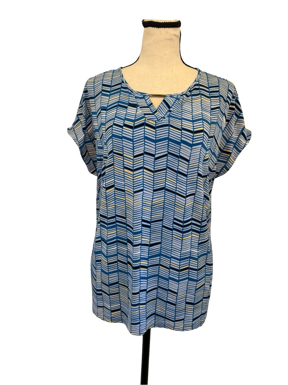 Liz Claiborne Blue Geometric Print Blouse Medium Short Sleeve Keyhole Neck Top